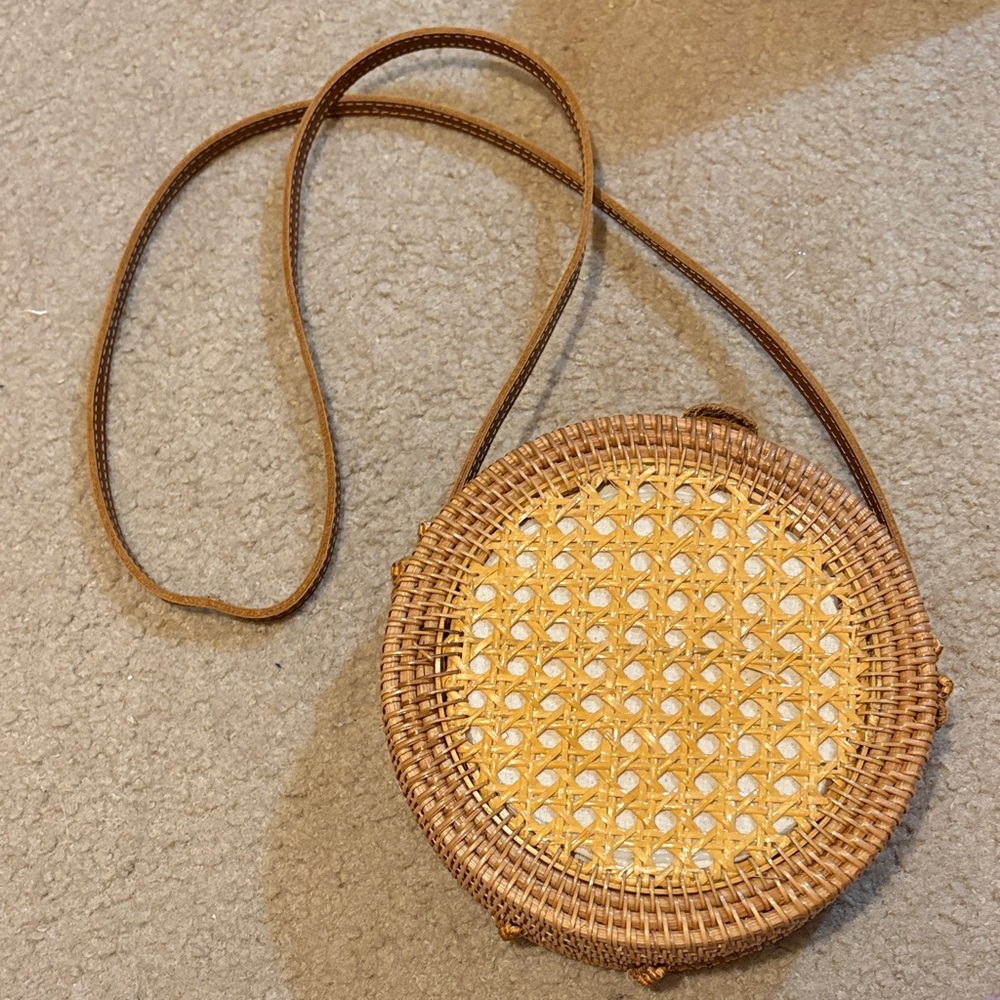 NWOT Round Woven Rattan and Leather Crossbody Bag - Tan